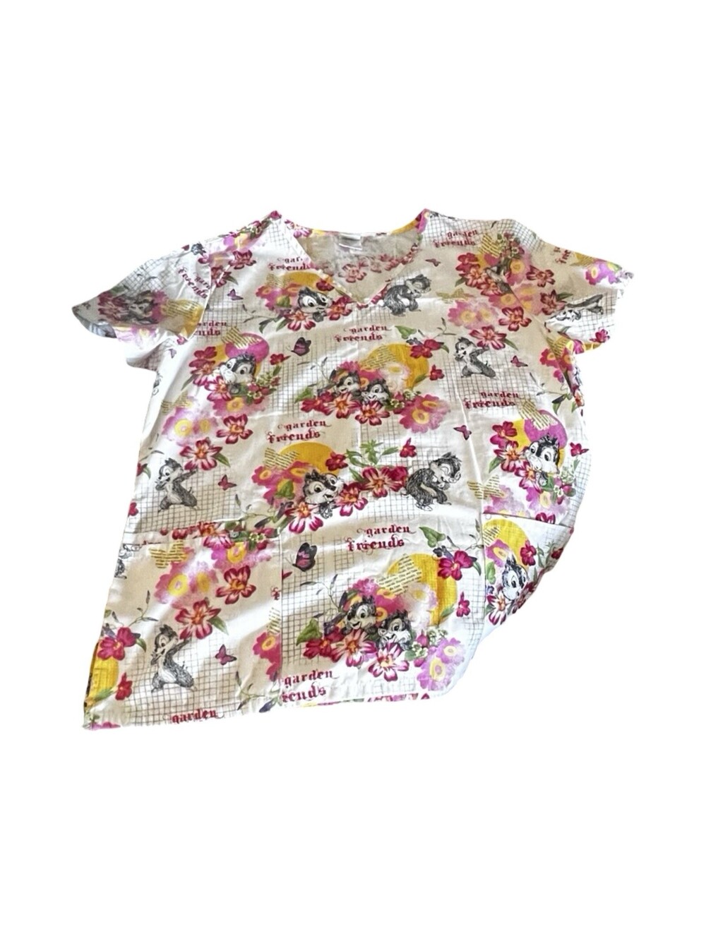 Disney chipmunk Chip & Dale scrubs top M Medium white garden friends Floral